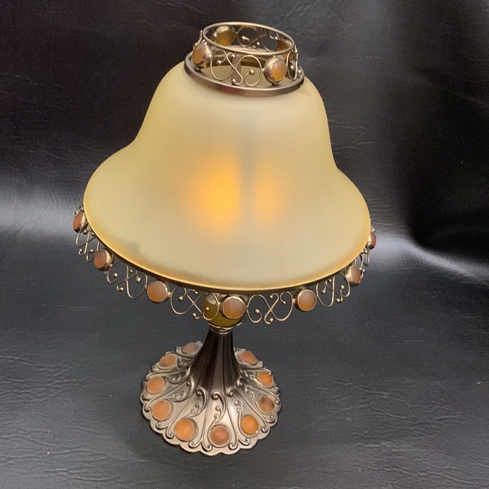 Party Light Votive Holder With Shade Gold Brass Amber Stones 12 1/2 Inches Tall - Picture 2 of 10